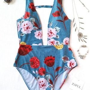 One Piece Plunging High Cut Floral Swimwear